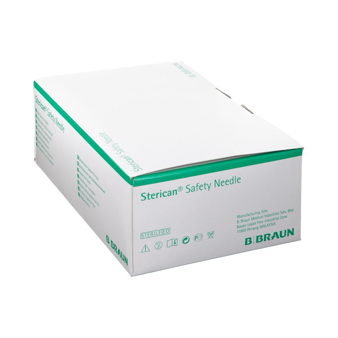 Boîte "Sterican Safety Needle" et logo B. Braun. Symboles médicaux. Emballage vert et blanc.