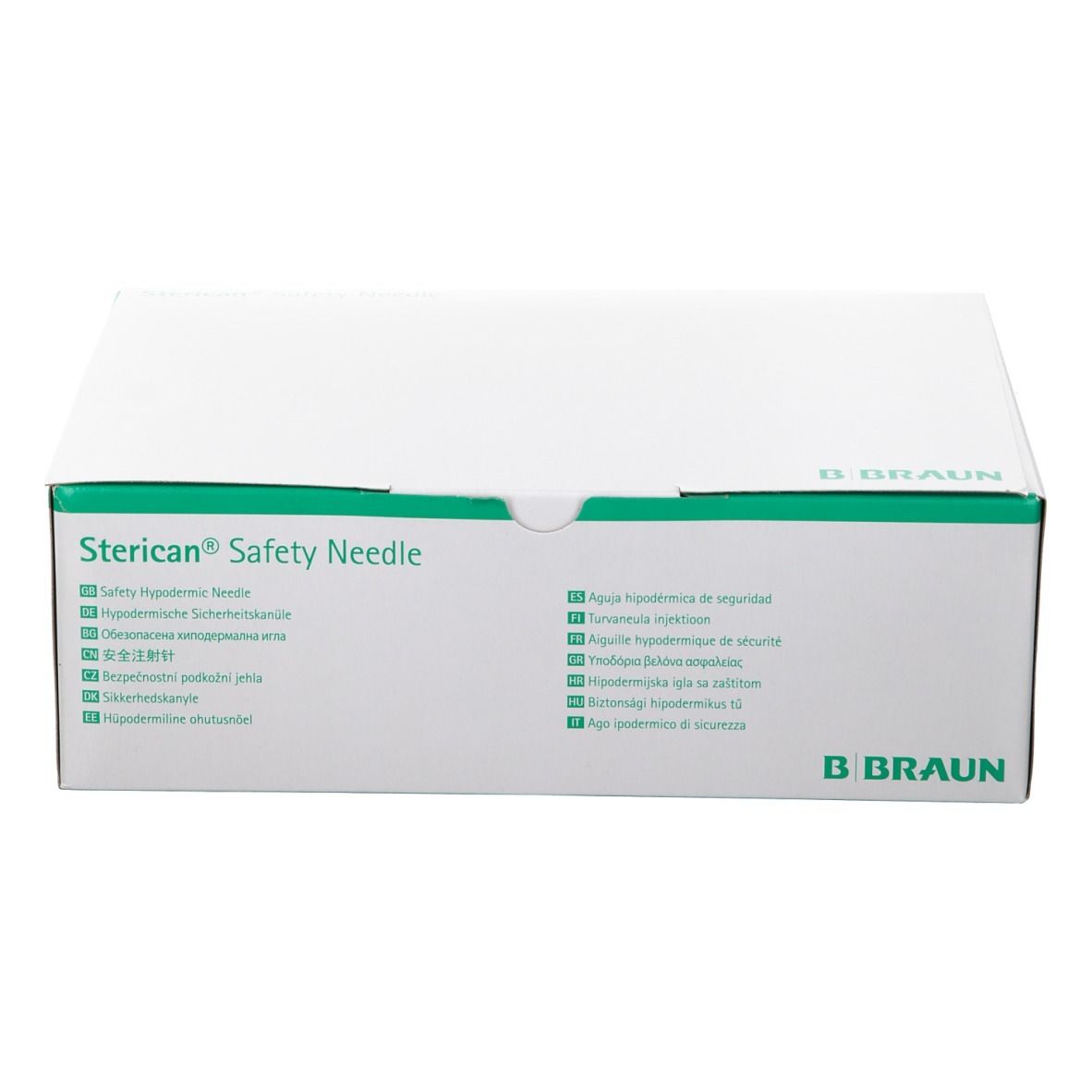 Boîte "Sterican Safety Needle" et logo B. Braun. Inscriptions multilingues. Emballage vert et blanc.