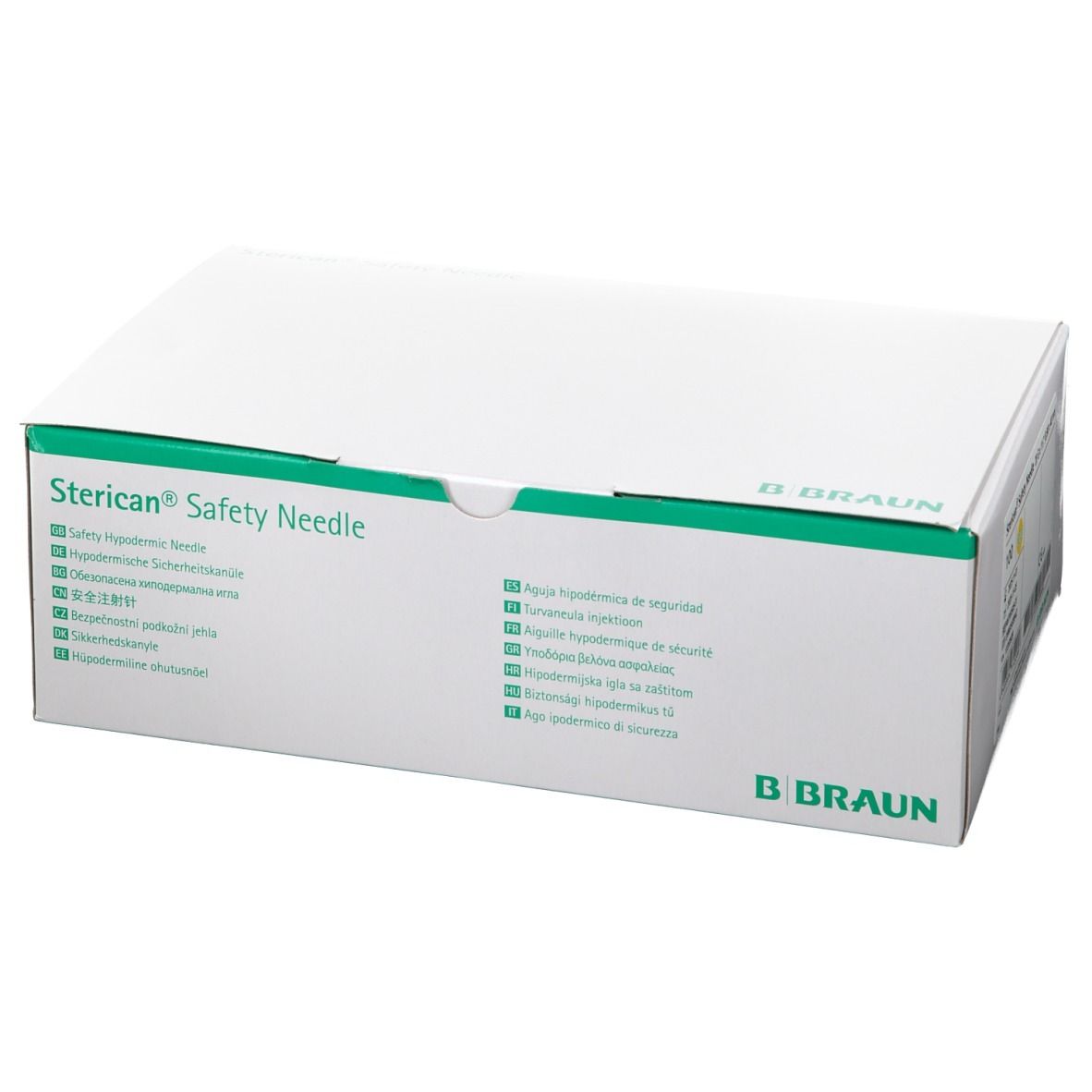 Boîte "Sterican Safety Needle" et logo B. Braun. Inscriptions multilingues. Emballage vert et blanc.