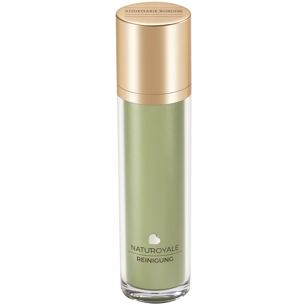 Produit nettoyant dans un flacon transparent avec un bouchon doré. Inscription : NATUROYALE Reinigung.