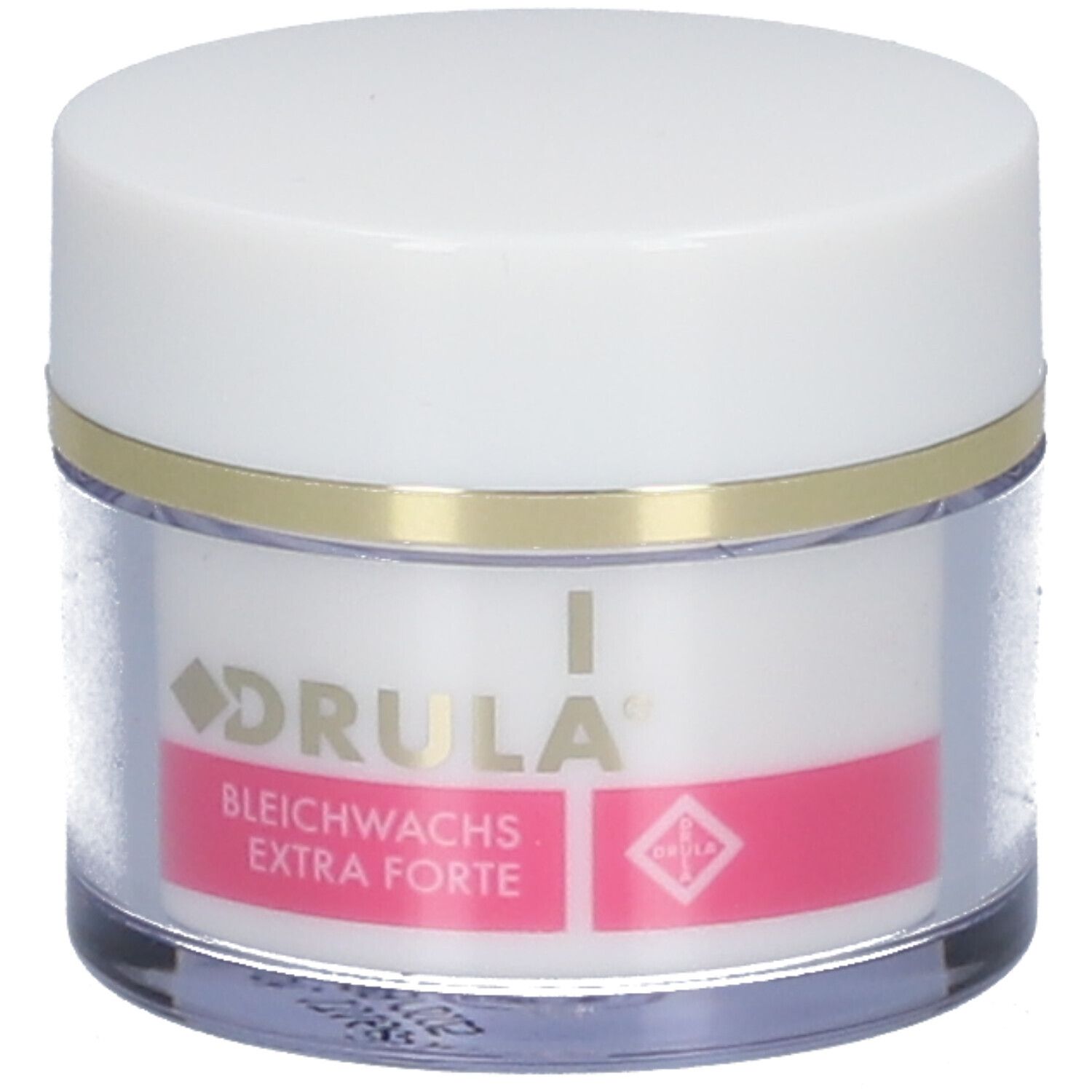 Récipient avec couvercle blanc et corps transparent. Inscription : DRULA, Bleichwachs Extra Forte.