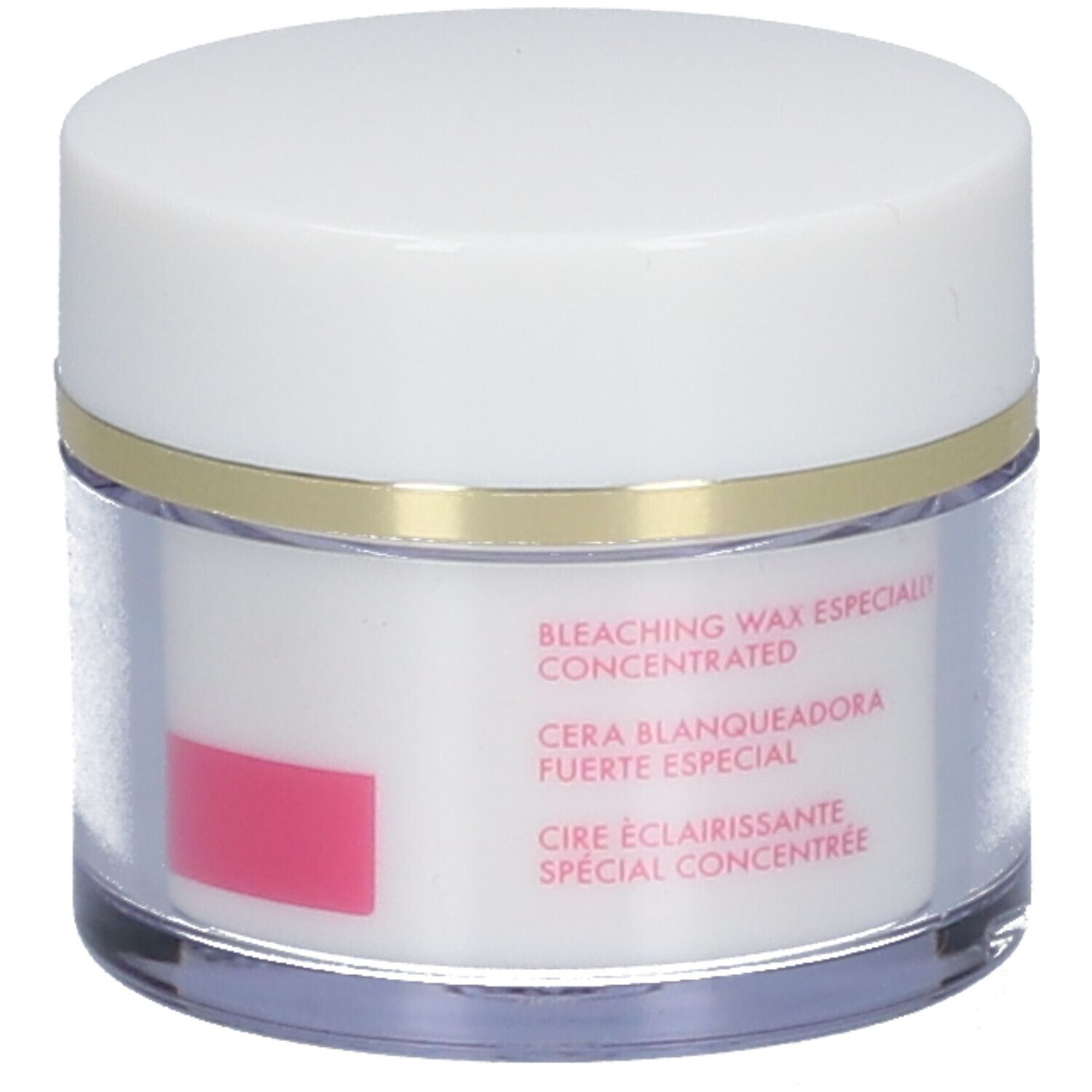 Récipient avec couvercle blanc et corps transparent. Inscription : DRULA, Bleichwachs Extra Forte.