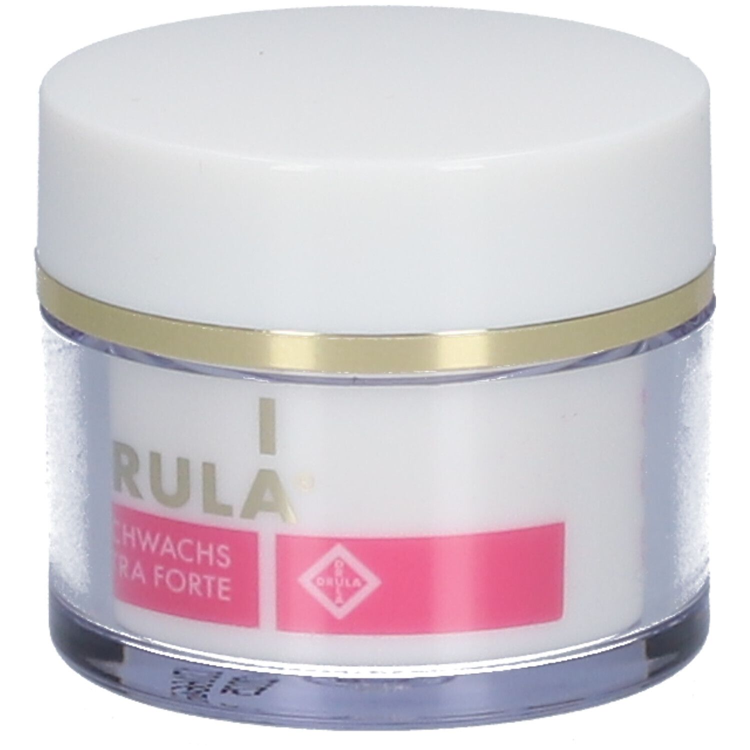 Récipient avec couvercle blanc et corps transparent. Inscription : DRULA, Bleichwachs Extra Forte.