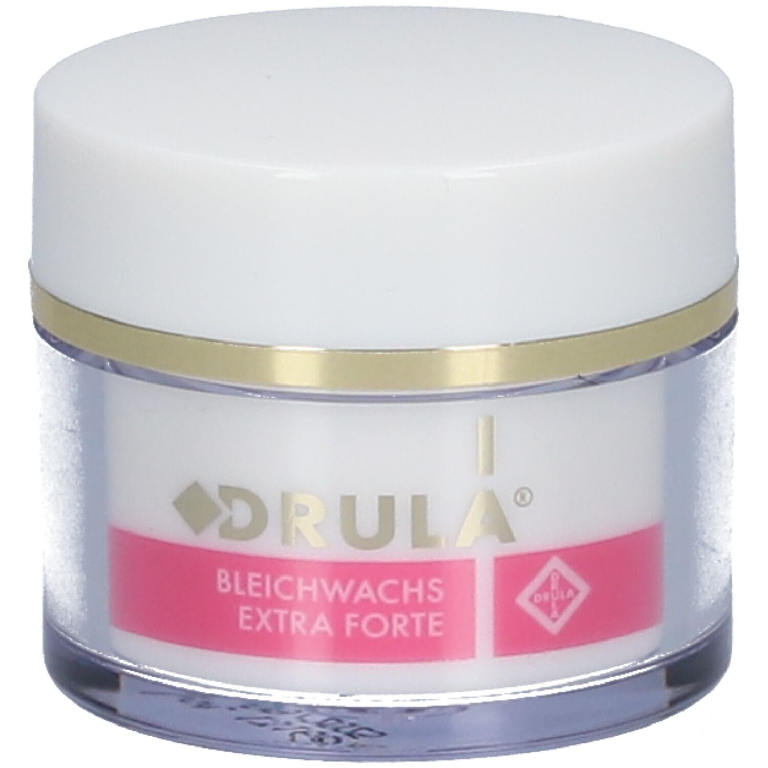Récipient avec couvercle blanc et corps transparent. Inscription : DRULA, Bleichwachs Extra Forte.