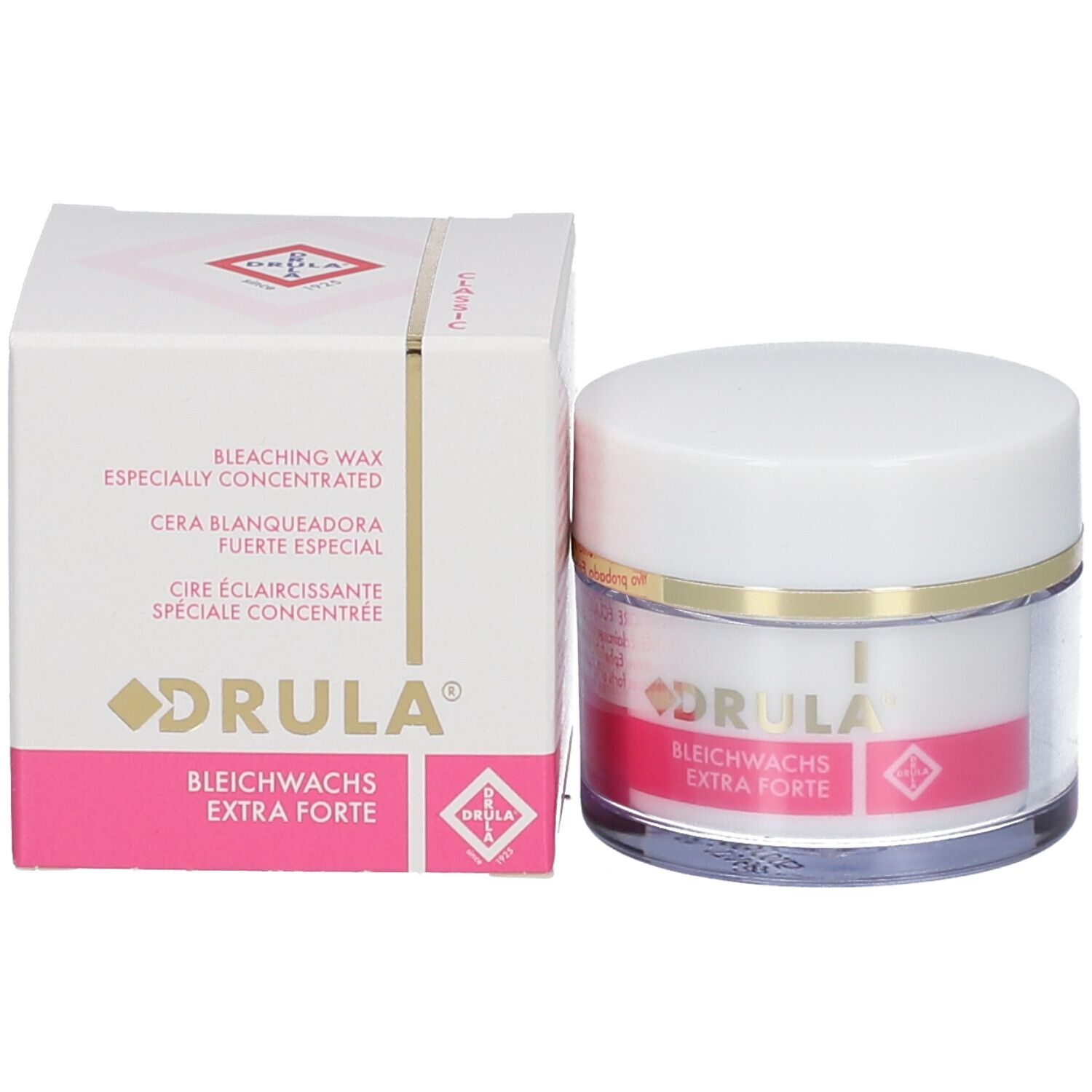 Emballage et récipient du produit. Inscription : DRULA, Bleichwachs Extra Forte. Emballage avec produit.