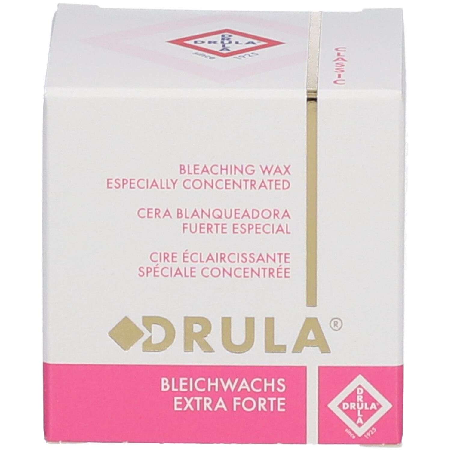 Emballage du produit. Inscription : DRULA, Bleichwachs Extra Forte. Texte en plusieurs langues.