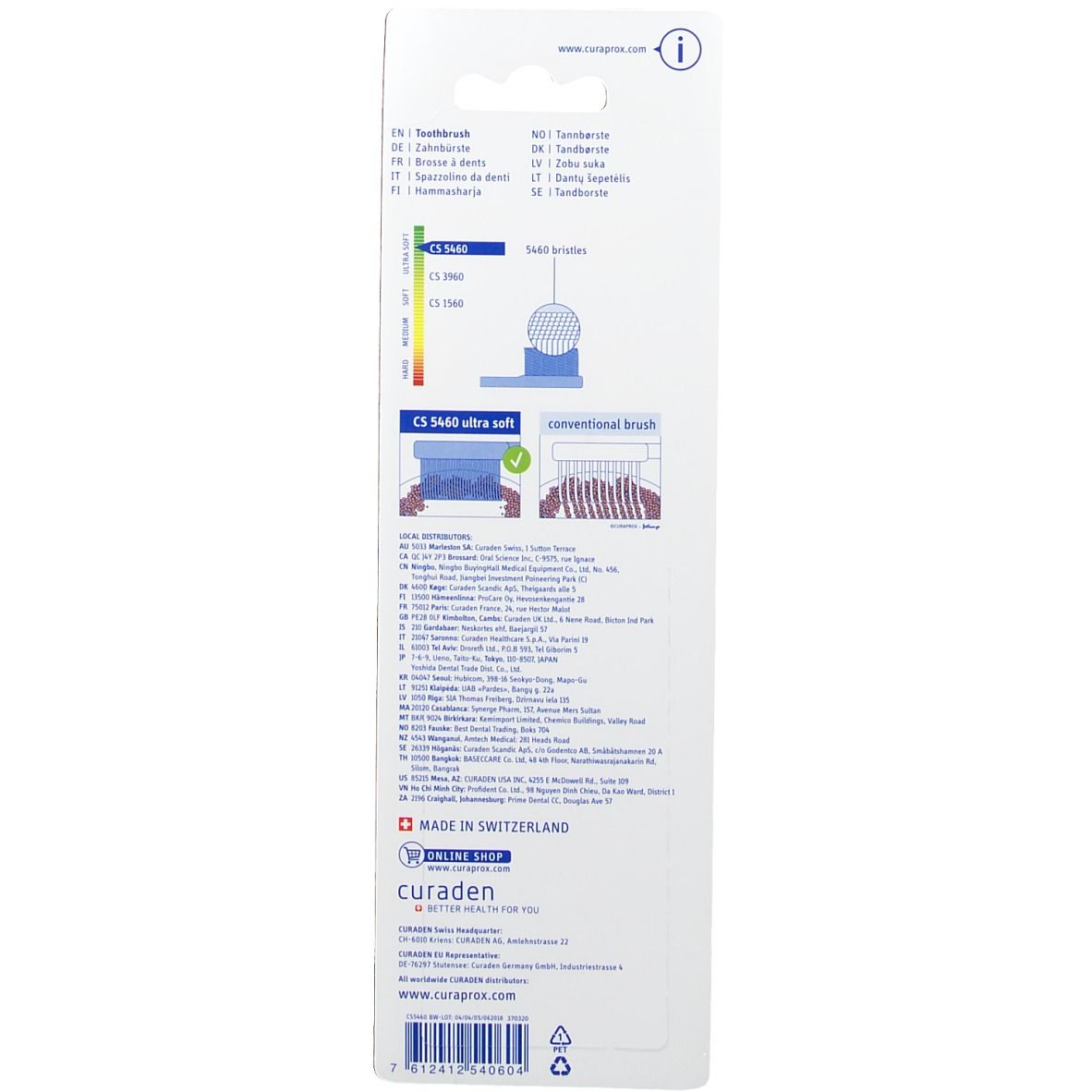 Dos de l'emballage de la brosse à dents. Texte en plusieurs langues. Diagrammes et informations sur la brosse à dents. Fabriqué en Suisse.