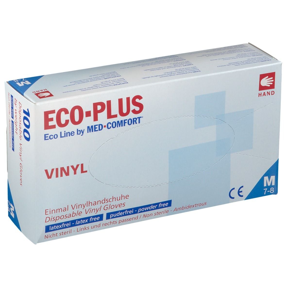 Boîte blanche ECO-PLUS, gants en vinyle, sans poudre, taille M. Marquage CE et symbole de la main.