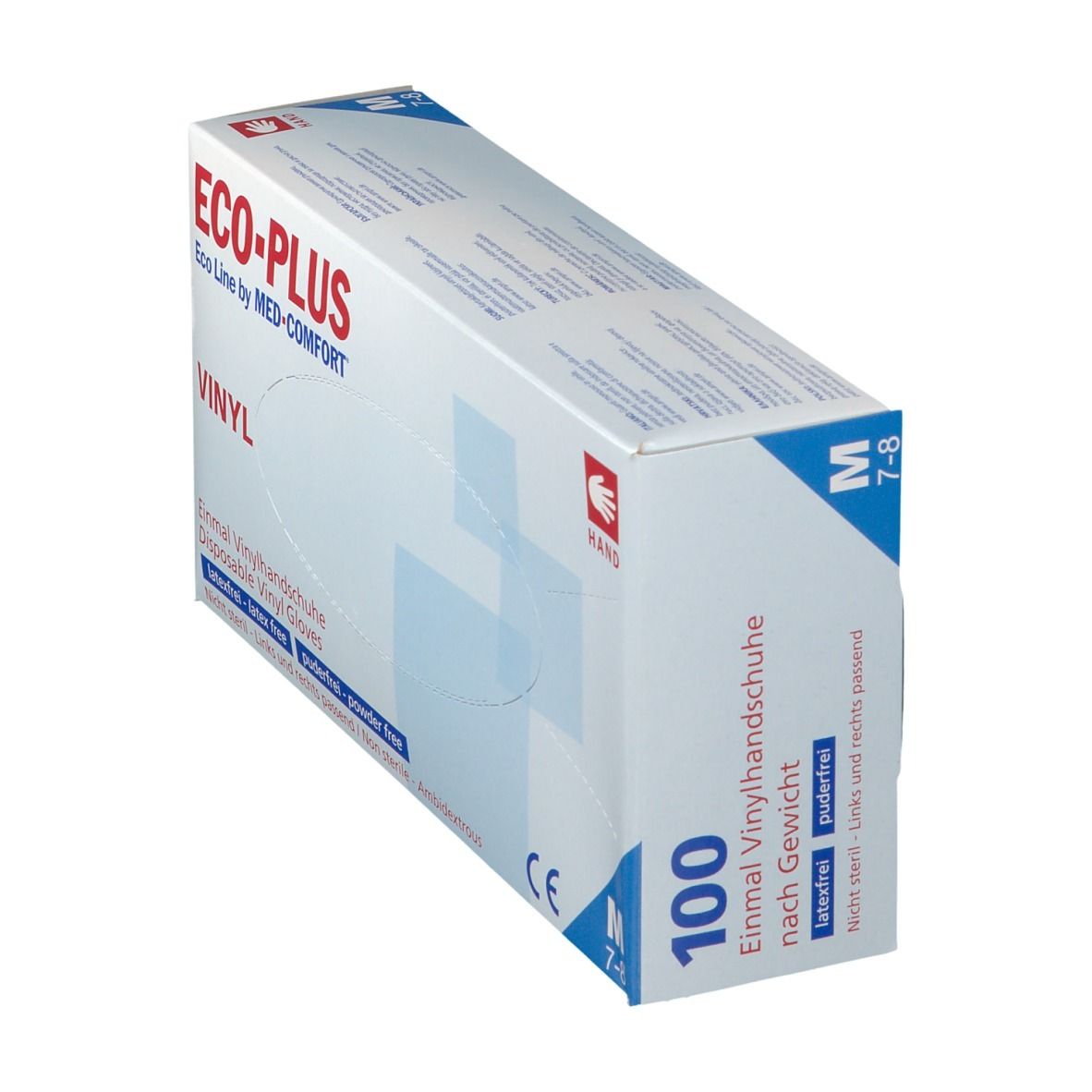 Boîte inclinée ECO-PLUS, gants en vinyle, taille M. Marquage CE et symbole de la main.