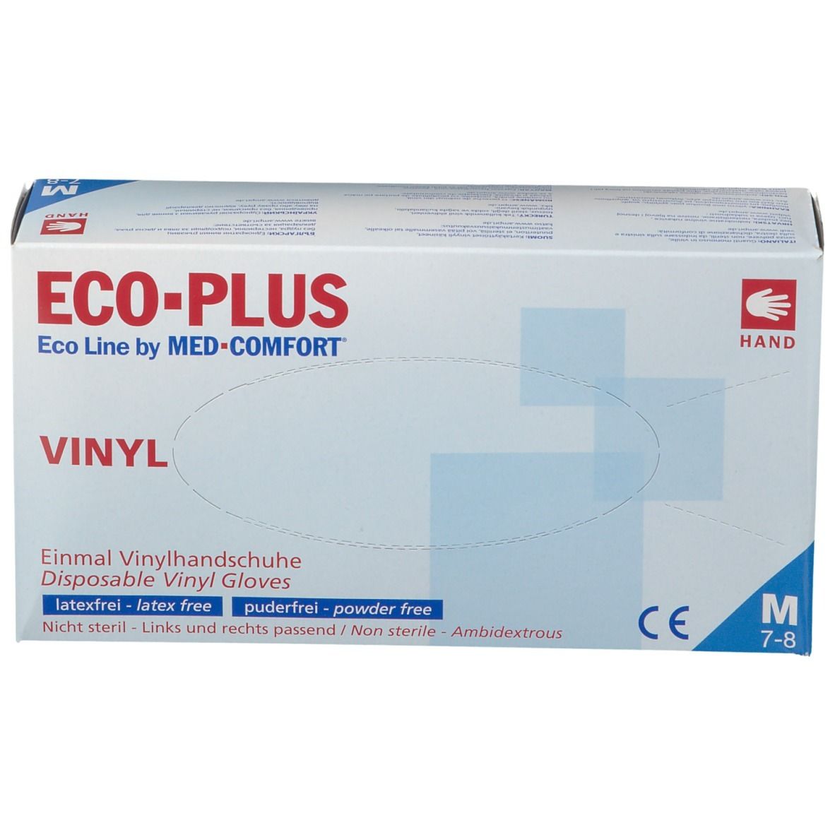 Boîte blanche ECO-PLUS, gants en vinyle, sans poudre, taille M. Marquage CE et symbole de la main.