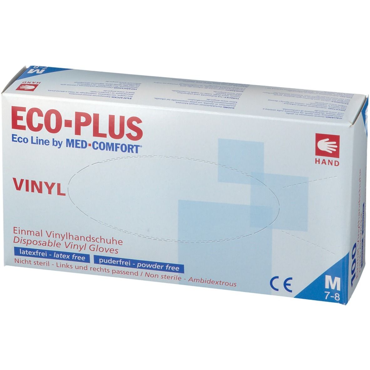 Boîte blanche ECO-PLUS, gants en vinyle, sans poudre, taille M. Marquage CE et symbole de la main.