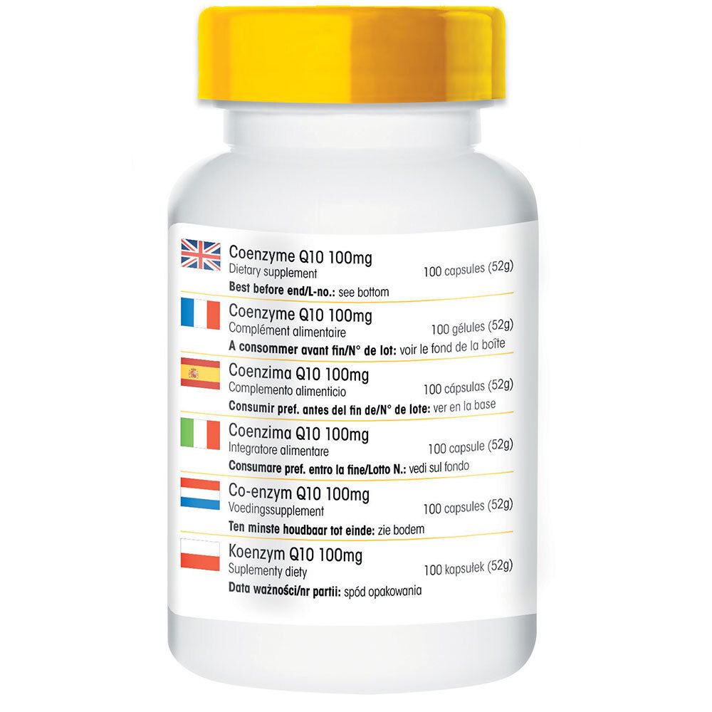 Dos du flacon blanc à bouchon jaune. Liste multilingue: Co-Enzyme Q10 100mg. 100 gélules. Drapeaux.