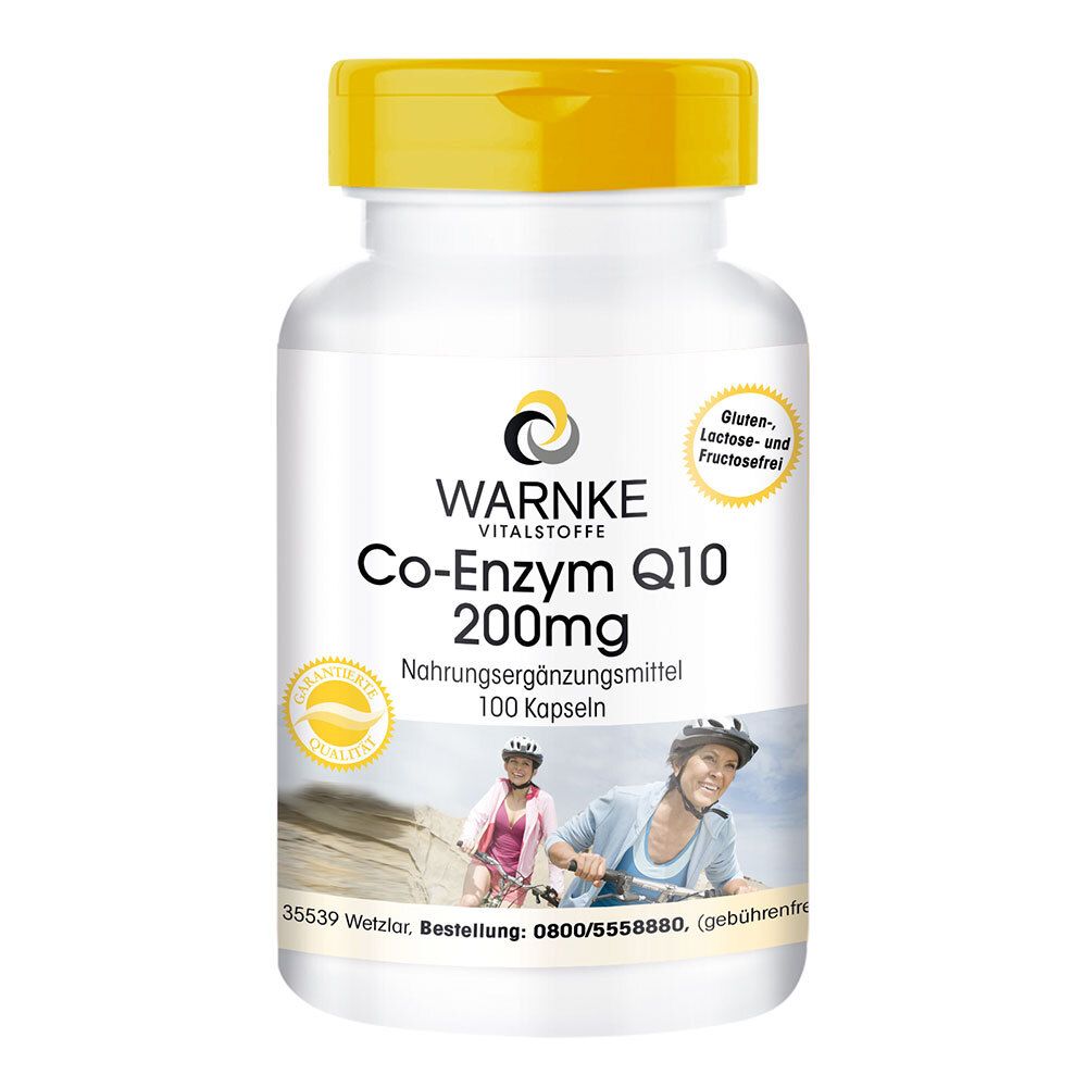 Flacon blanc à bouchon jaune. Inscription: WARNKE VITALSTOFFE Co-Enzym Q10 200mg. 100 gélules. Sans gluten, lactose et fructose.