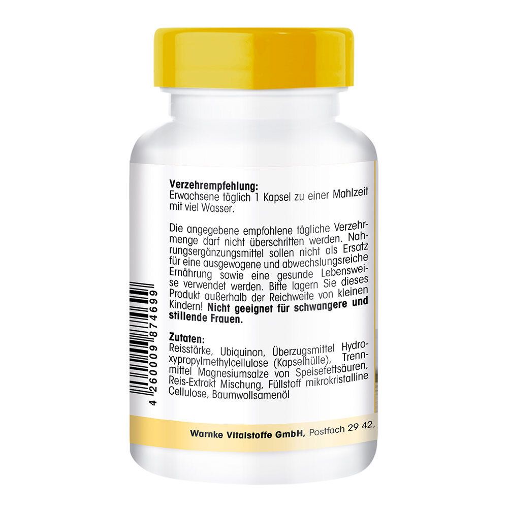 Dos d'un flacon blanc à bouchon jaune. Texte: Recommandations d'utilisation, ingrédients, Warnke Vitalstoffe GmbH.