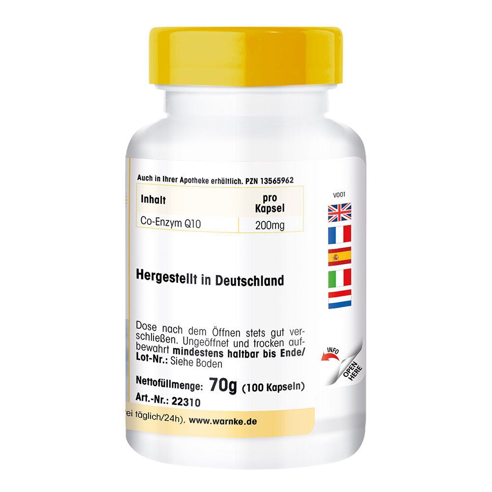 Dos d'un flacon blanc à bouchon jaune. Texte: Co-Enzyme Q10 200mg, fabriqué en Allemagne, 70g (100 gélules).