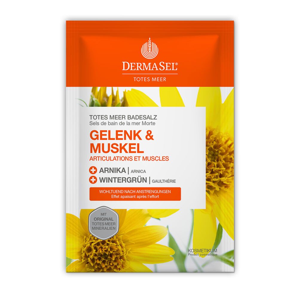 Sachet orange avec informations produit. Inscription: DermaSel Totes Meer, Gelenk & Muskel, Arnica, Gaulthérie. Fond: tournesols.