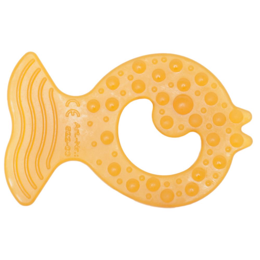Anneau de dentition jaune en forme de poisson avec picots. Marquage CE. En caoutchouc naturel.