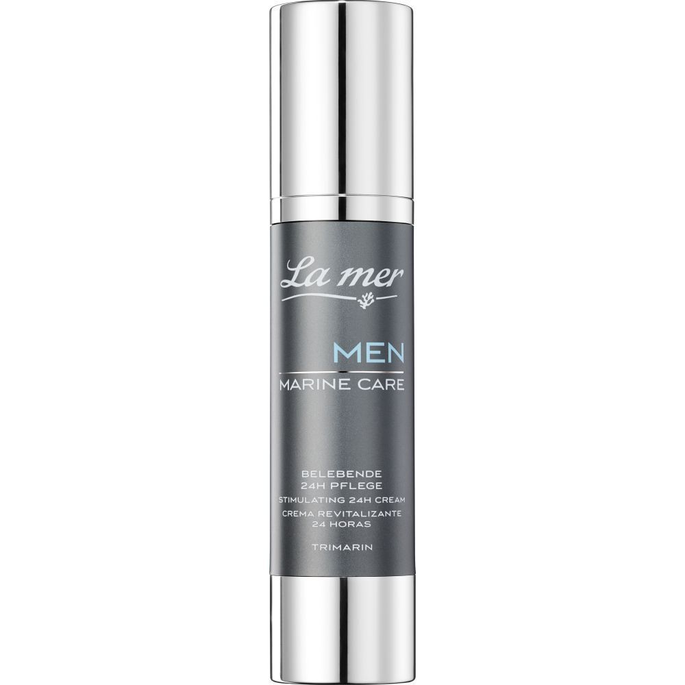 Flacon de crème avec bouchon argenté. Inscription : La mer, MEN MARINE CARE, soin 24h revitalisant.