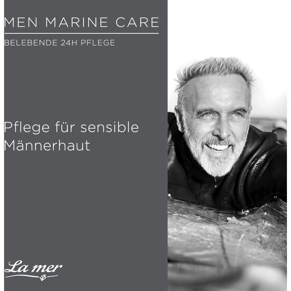 Image en noir et blanc. Homme dans l'eau. Texte : MEN MARINE CARE, soin pour peaux sensibles, La mer.