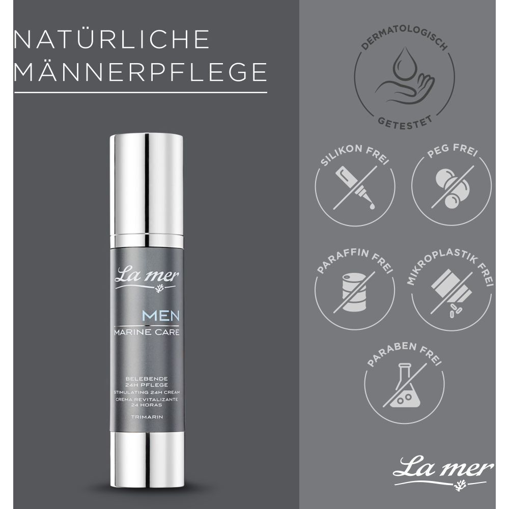Produit et texte. Texte : Soin naturel pour hommes, testé dermatologiquement, sans silicone, sans PEG, etc., La mer.