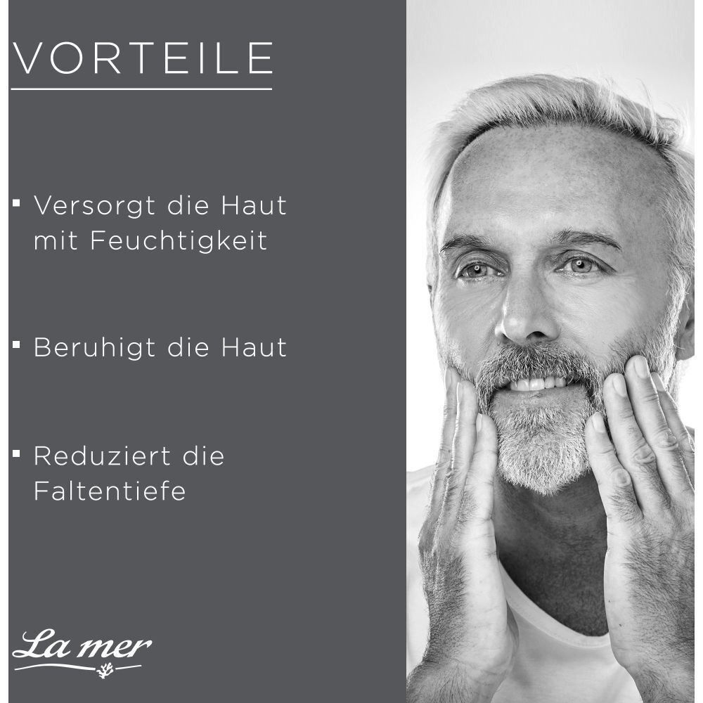Image en noir et blanc. Homme touchant son visage. Texte : Avantages, hydrate, apaise, réduit les rides, La mer.