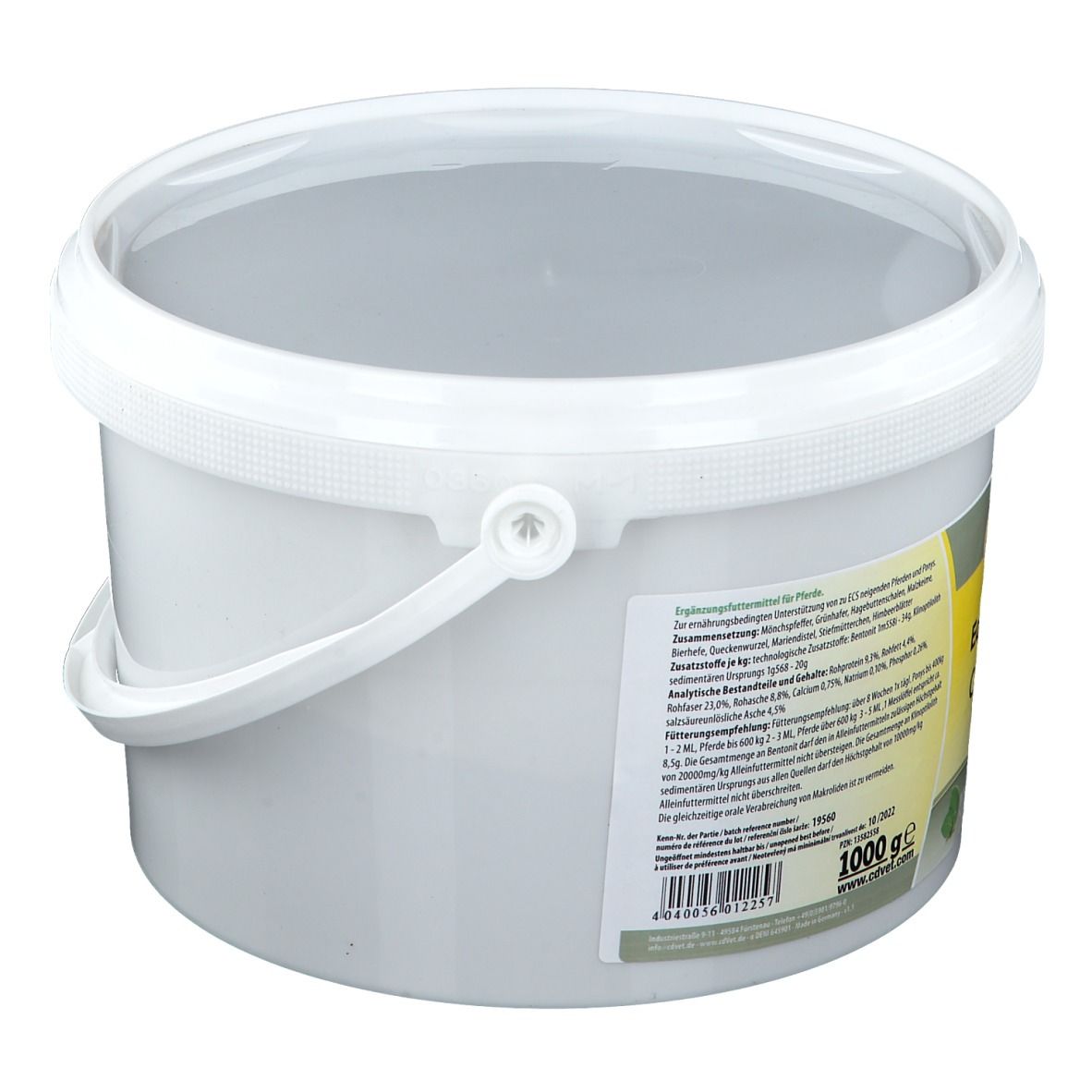 Seau blanc avec couvercle et poignée. Dos avec informations et étiquette code-barres. 1000 g.