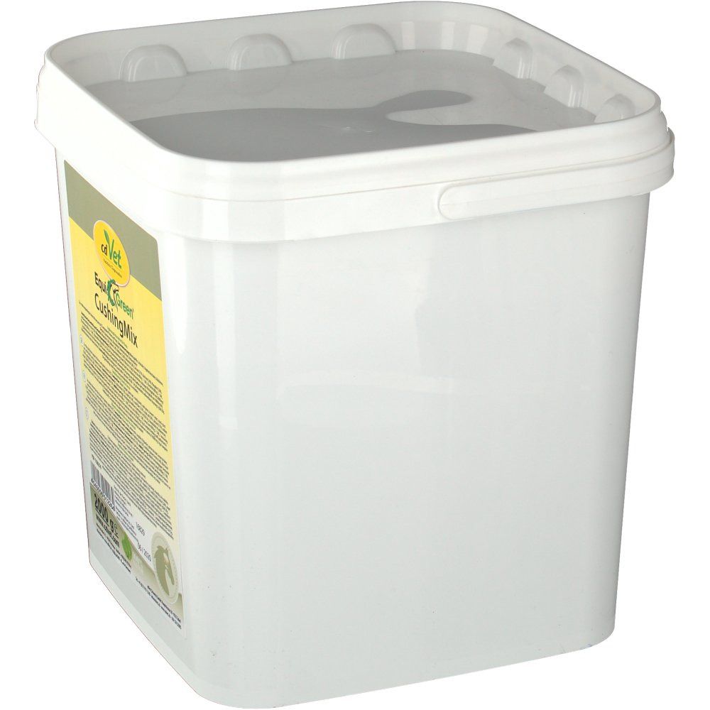 Seau blanc carré avec couvercle. Étiquette avec nom du produit et texte. Partiellement visible.