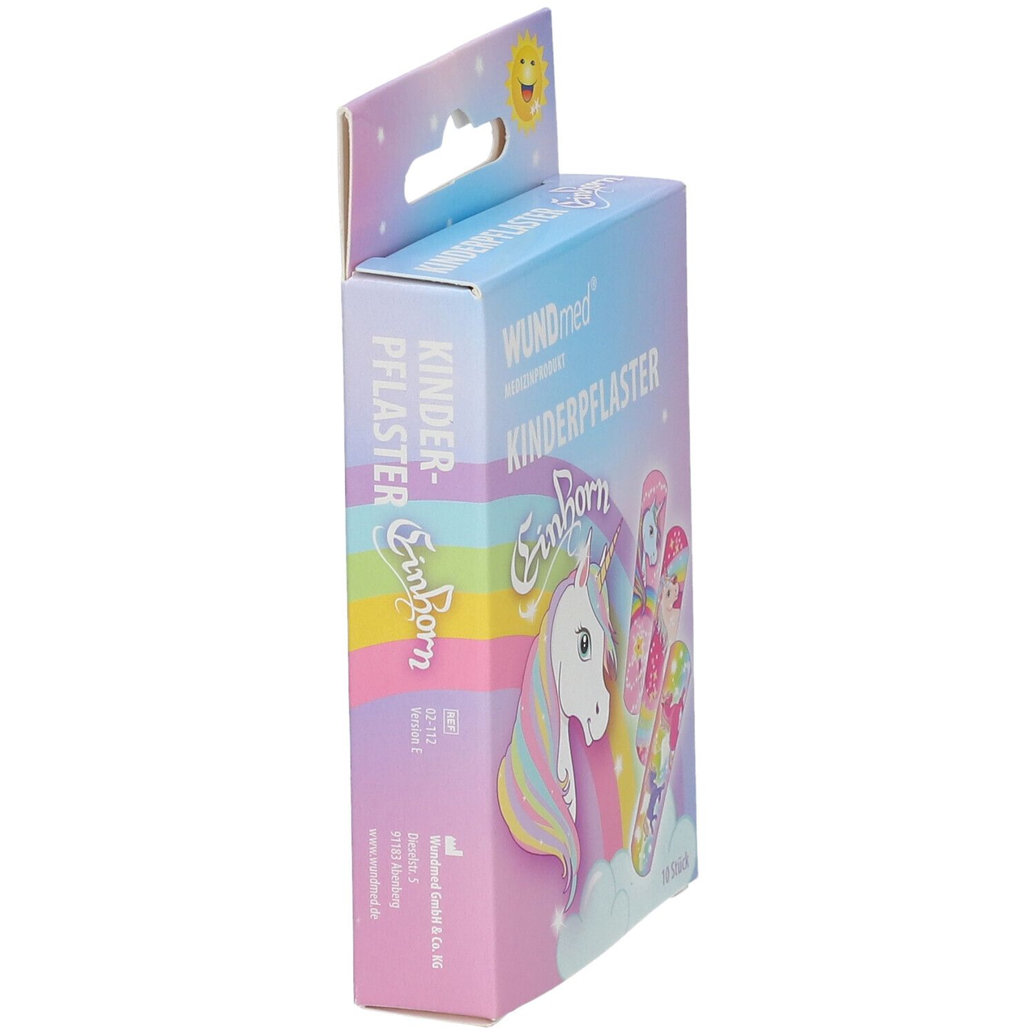 Vue latérale de la boîte de pansements WUNDmed Kinderpflaster Einhorn. Illustrations de licorne.
