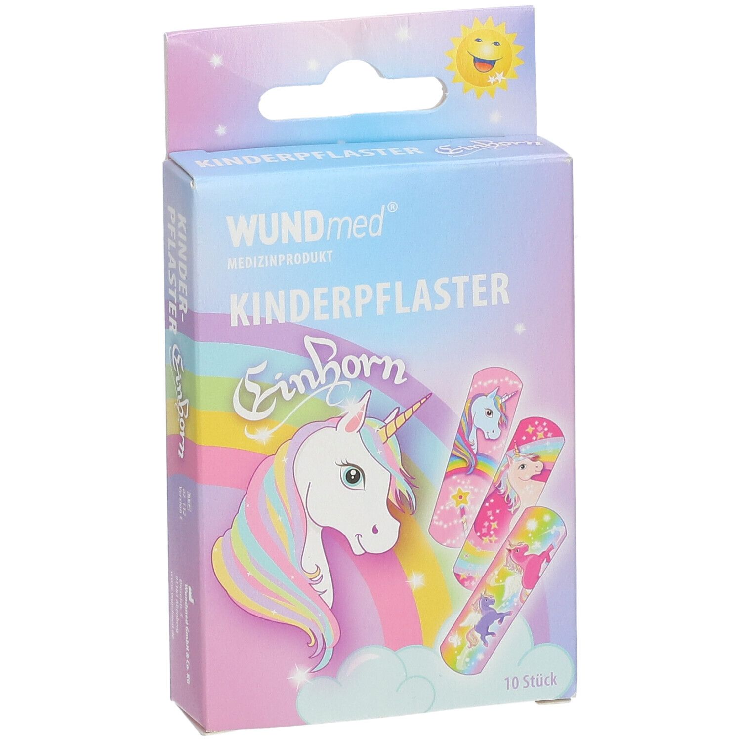 Boîte de pansements WUNDmed Kinderpflaster Einhorn. Illustrations d'une licorne, 10 pièces.