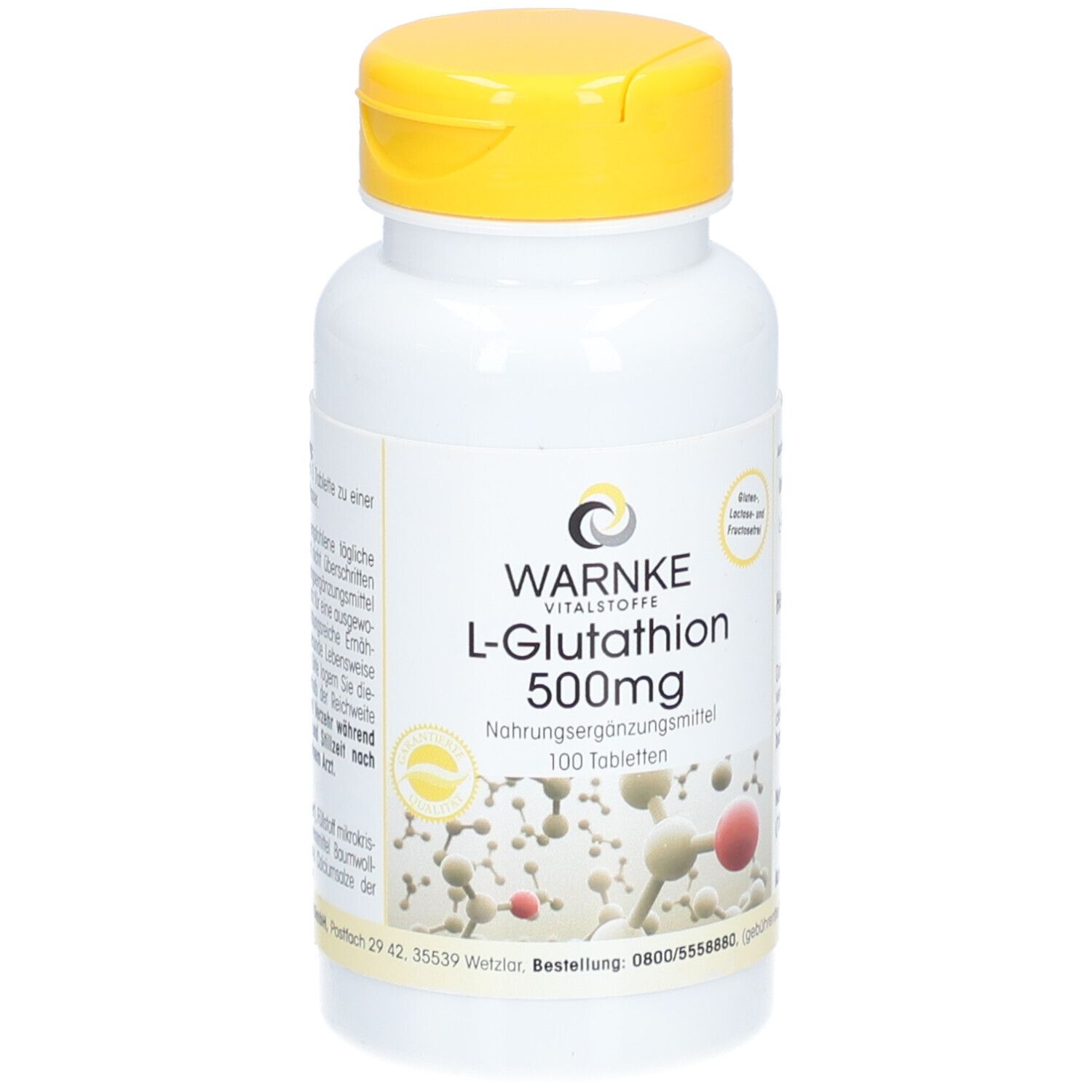 Flacon blanc à bouchon jaune. Inscription: WARNKE L-Glutathion 500mg. Complément alimentaire. 100 comprimés.