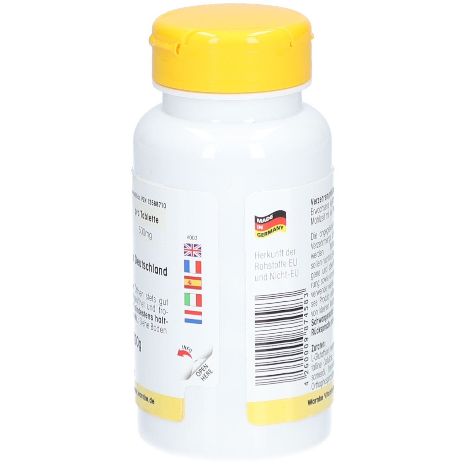 Dos du flacon blanc à bouchon jaune. Texte: Fabriqué en Allemagne. Drapeaux des pays de l'UE. Made in Germany.