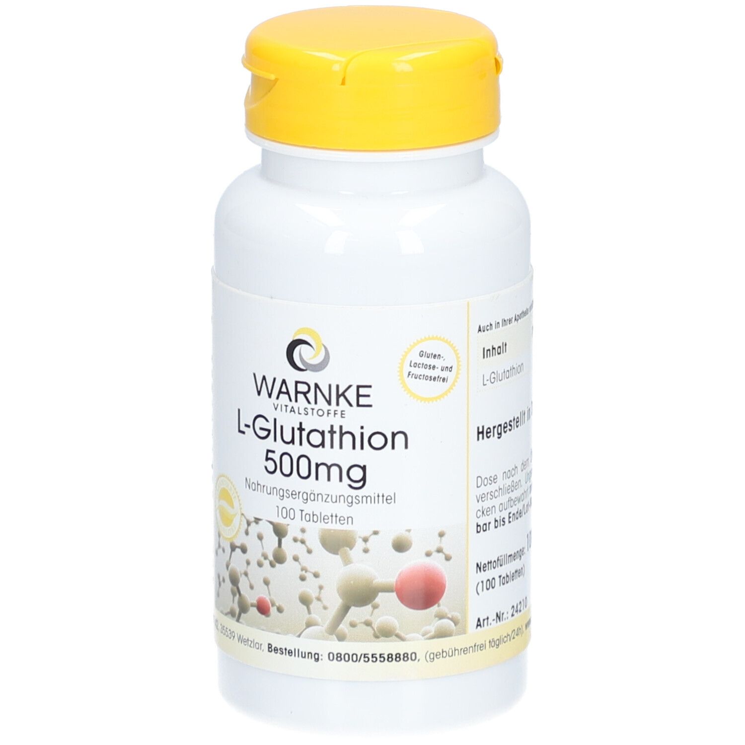 Flacon blanc à bouchon jaune. Inscription: WARNKE L-Glutathion 500mg. Complément alimentaire. 100 comprimés.