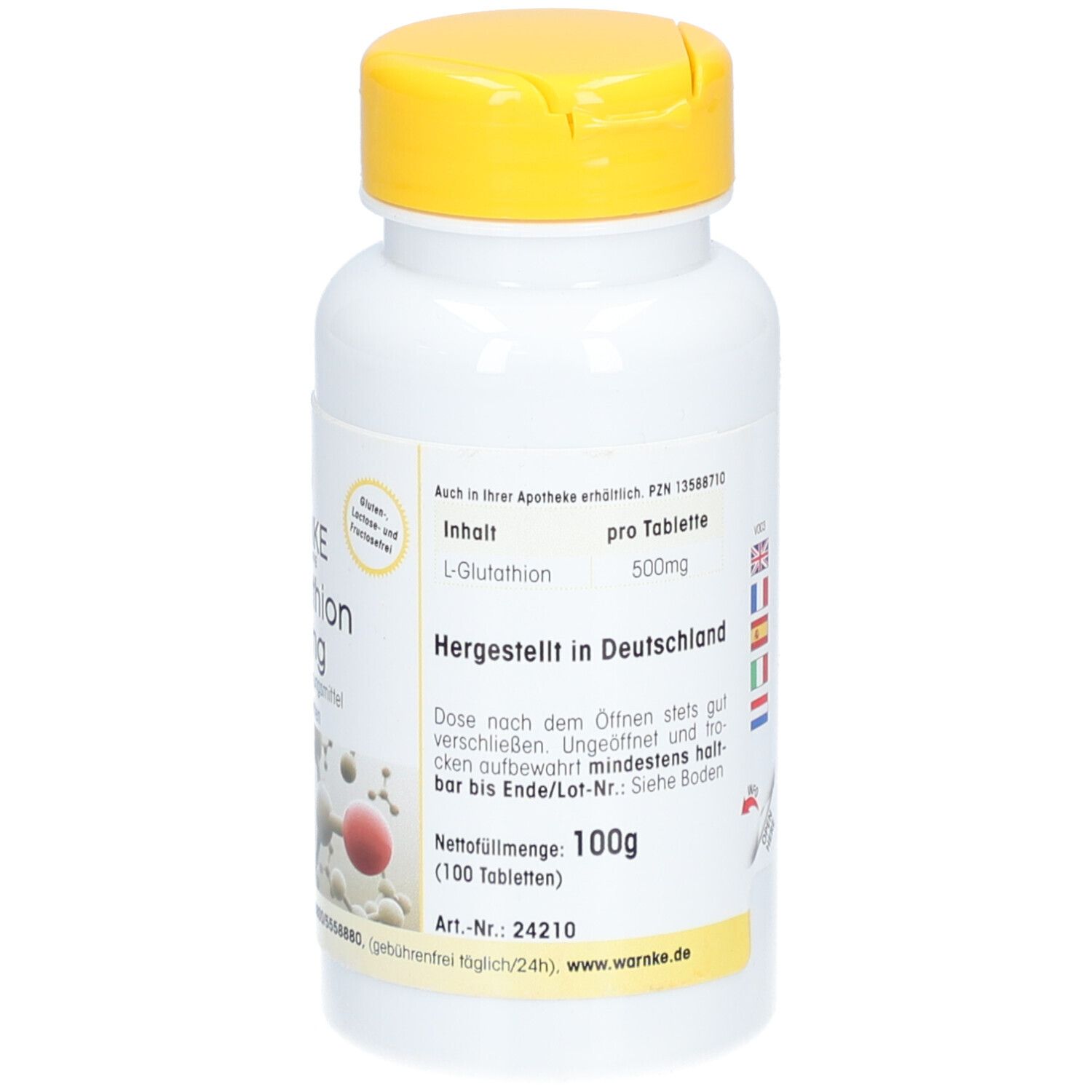 Flacon blanc à bouchon jaune. Inscription: WARNKE L-Glutathion 500mg. 100 comprimés. Fabriqué en Allemagne.