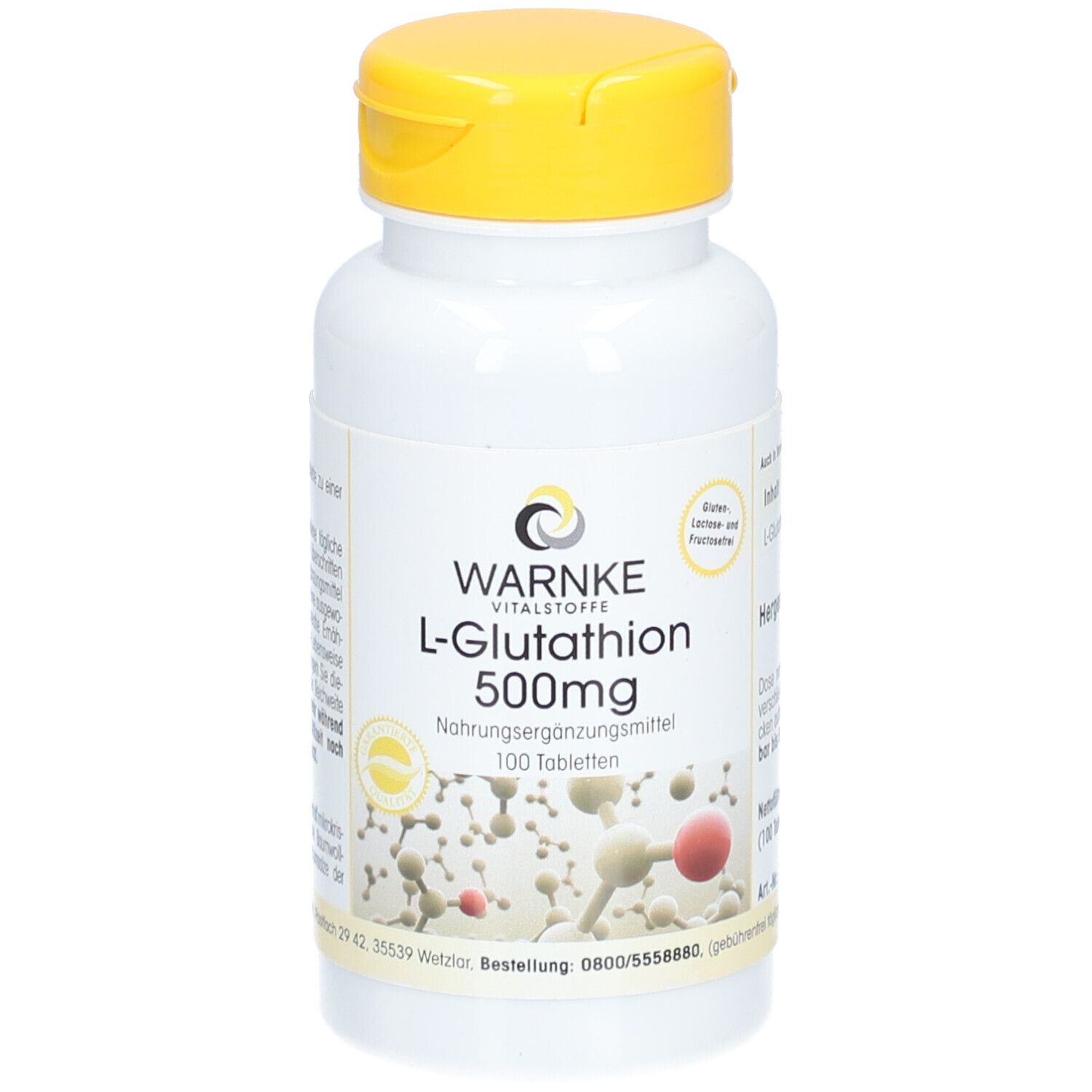 Flacon blanc à bouchon jaune. Inscription: WARNKE L-Glutathion 500mg. Complément alimentaire. 100 comprimés.