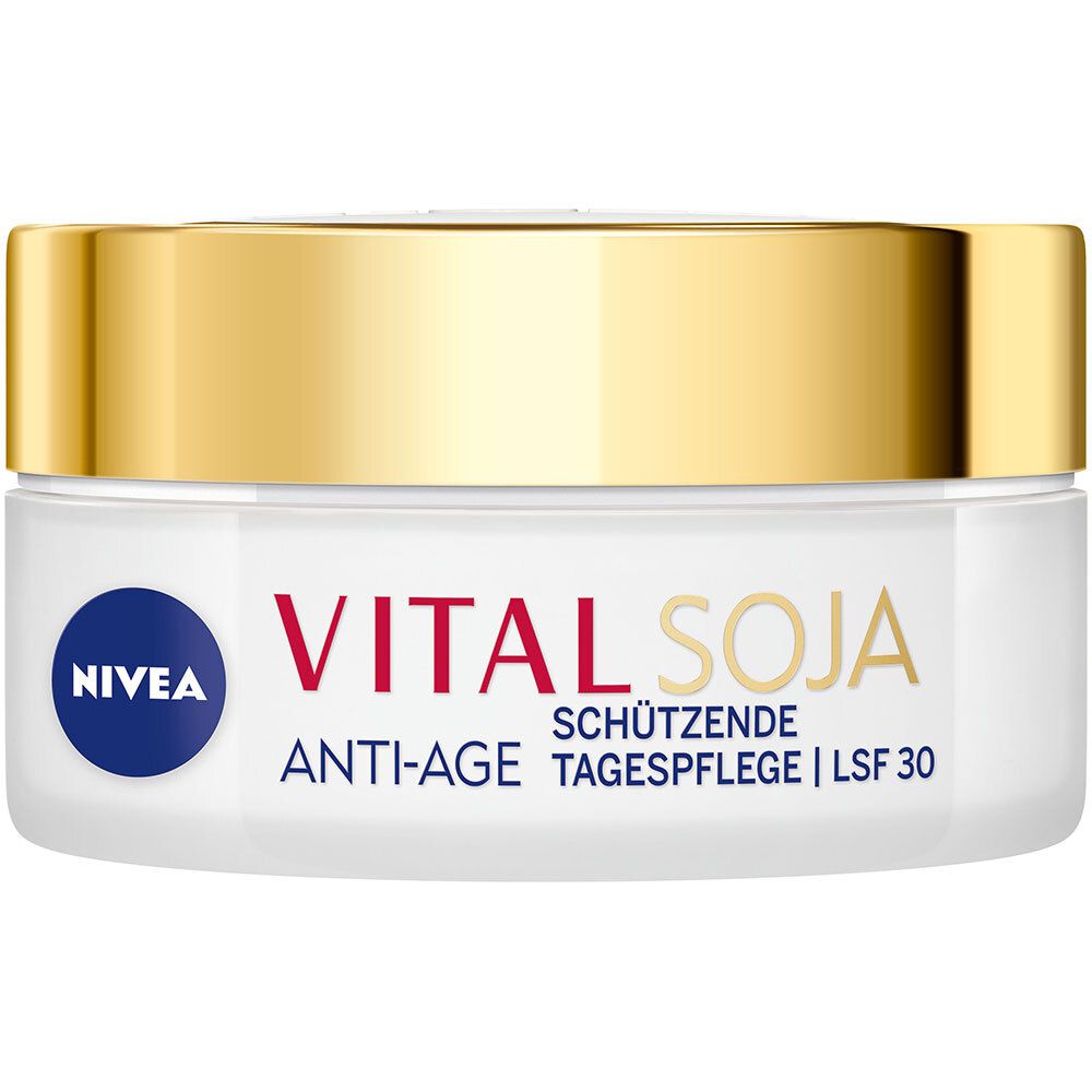 Pot de crème avec couvercle doré. Inscription : VITAL SOJA, ANTI-ÂGE, SOIN DE JOUR PROTECTEUR SPF 30. Marque : NIVEA.