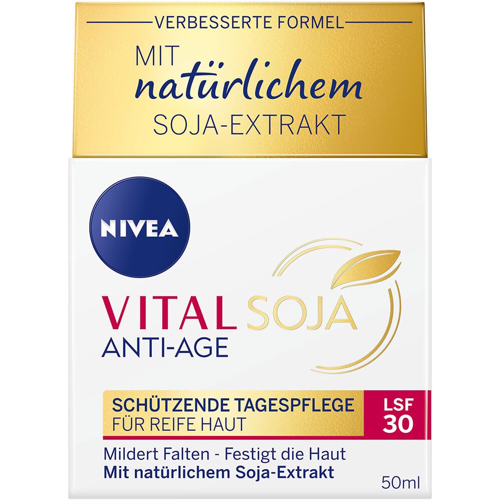 Emballage avec inscription : NIVEA VITAL SOJA ANTI-ÂGE, SOIN DE JOUR PROTECTEUR POUR PEAU MÛRE, SPF 30. Avec extrait de soja.