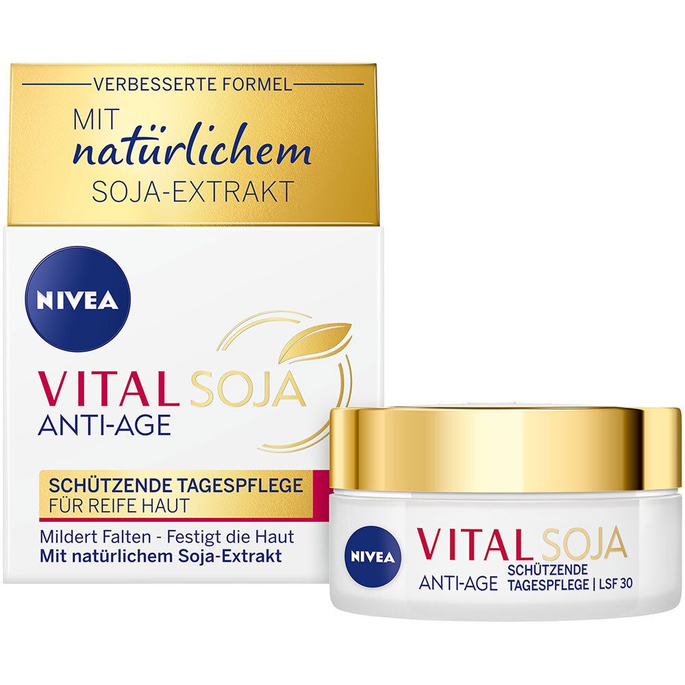 Emballage et pot de produit. Inscription : NIVEA VITAL SOJA ANTI-ÂGE, SOIN DE JOUR PROTECTEUR POUR PEAU MÛRE, SPF 30. Avec extrait de soja.