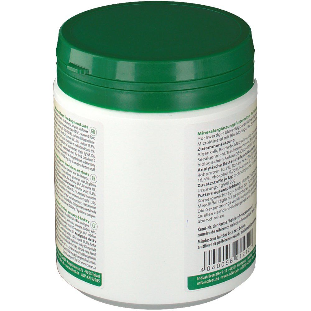 Arrière d'une boîte cdVet MicroMineral PLUS avec informations nutritionnelles.