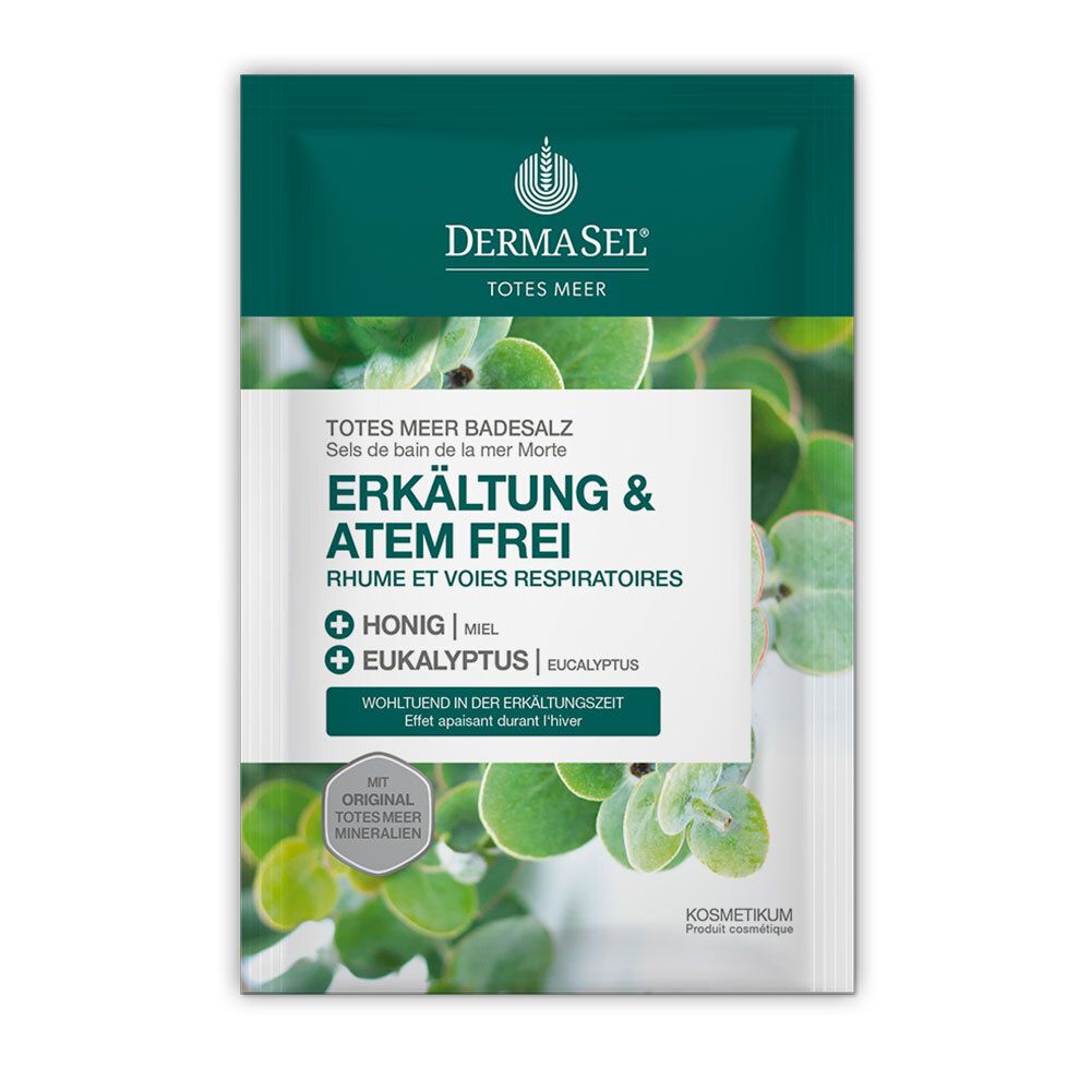 Sachet avec nom du produit et logo. Texte: Erkältung & Atem Frei, miel, eucalyptus. Fond: feuilles vertes.