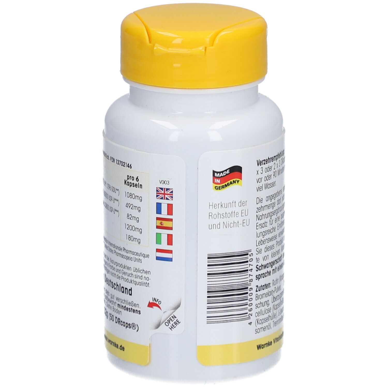 Dos du flacon blanc à bouchon jaune. Texte et drapeaux. Fabriqué en Allemagne.