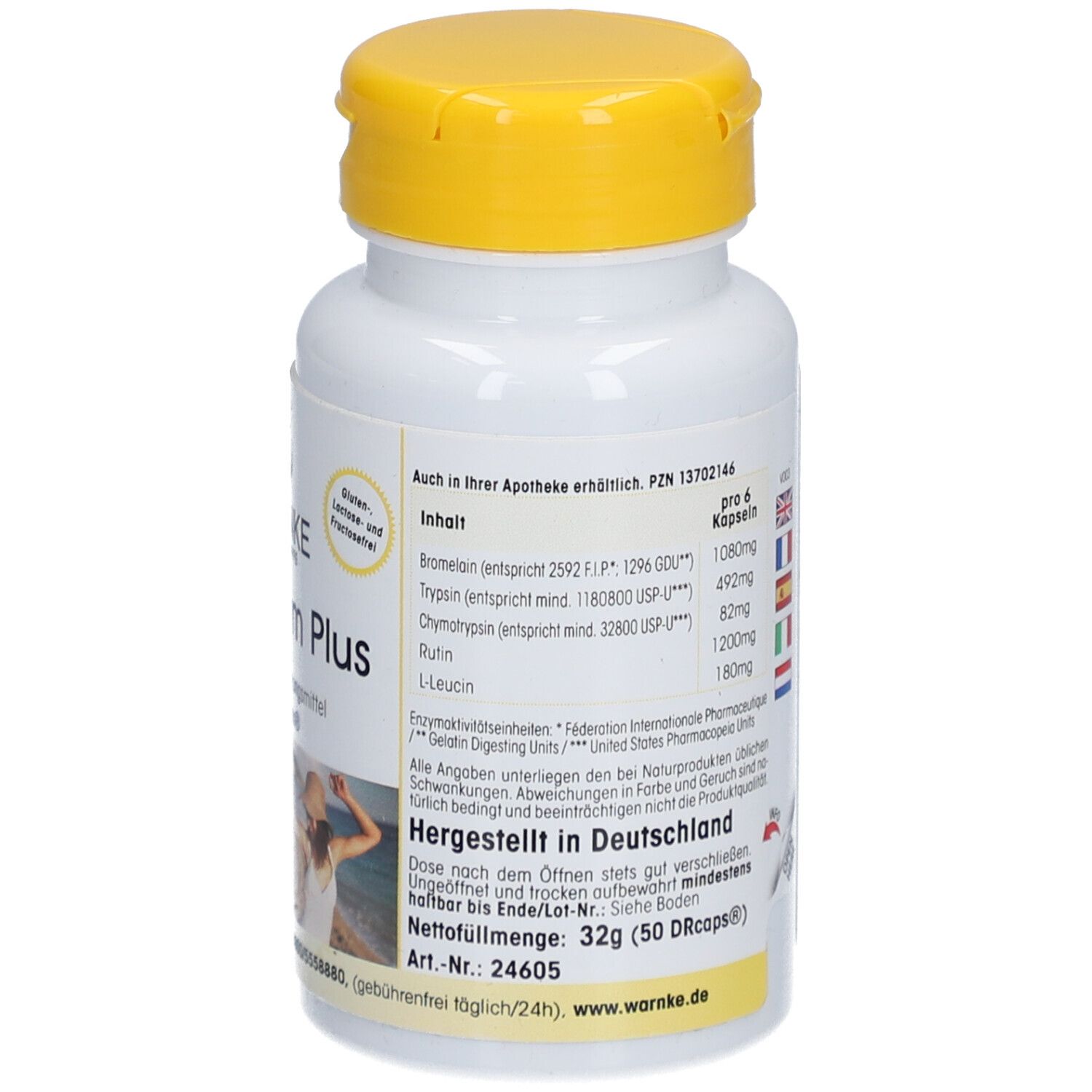 Flacon blanc à bouchon jaune. Inscription: Warnke TopEnzym Plus. Complément alimentaire. 50 DRcaps. Fabriqué en Allemagne.