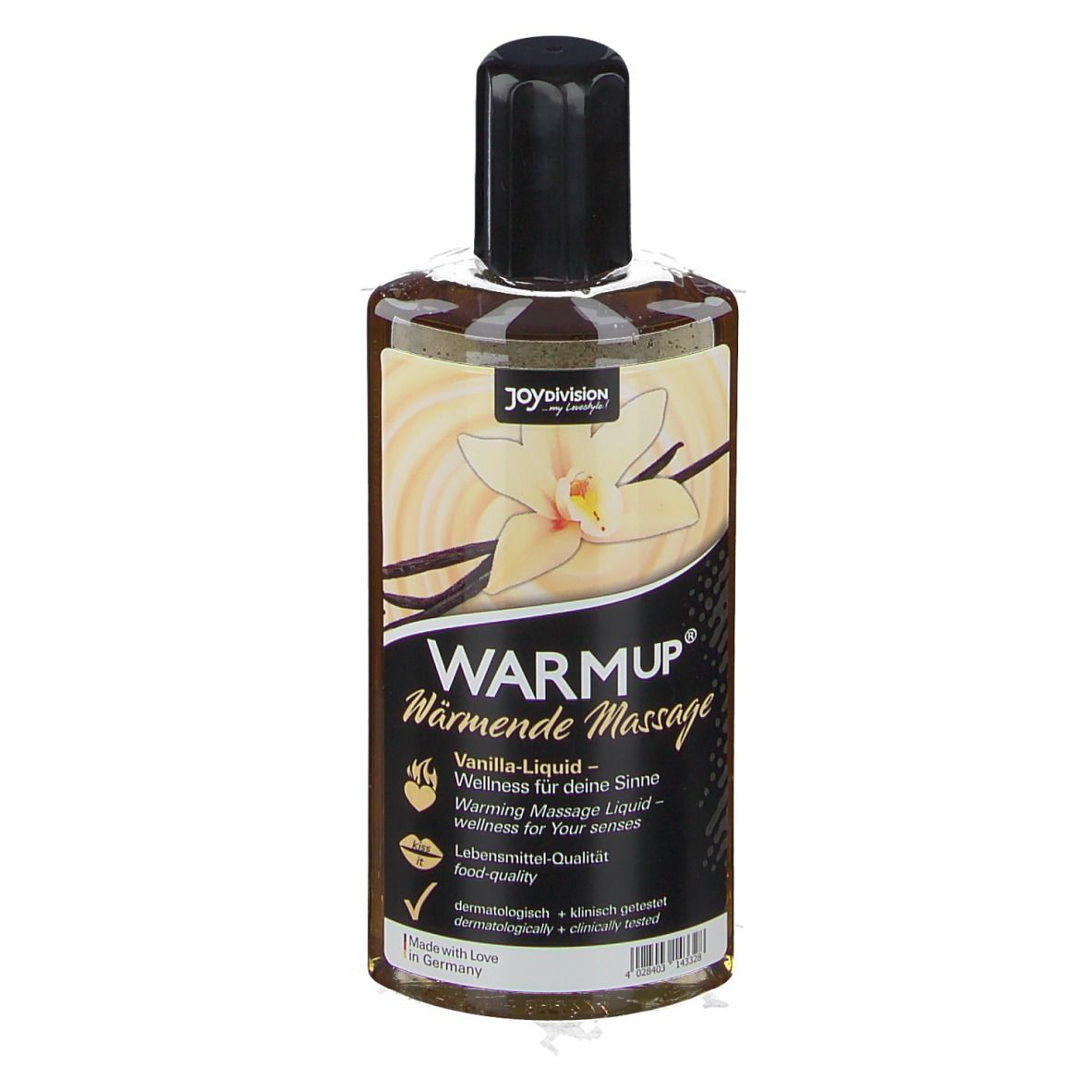 Bouteille WARMUP Vanille Massage-Liquid avec fleur et gousses de vanille.