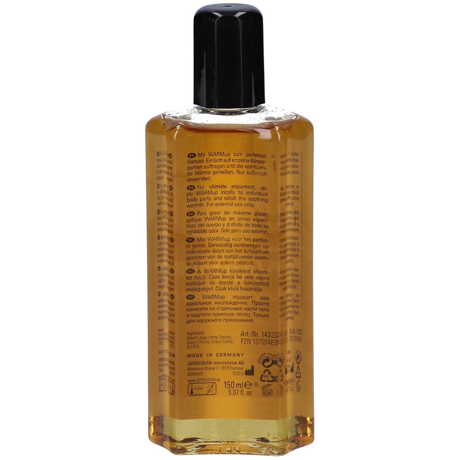 Arrière d'une bouteille WARMUP Vanille Massage-Liquid avec instructions.