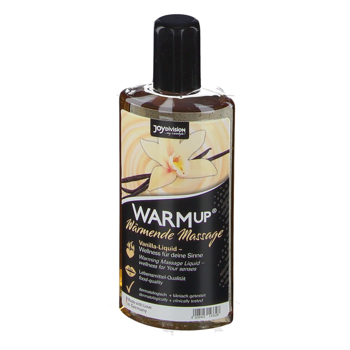 Bouteille WARMUP Vanille Massage-Liquid avec fleur et gousses de vanille.