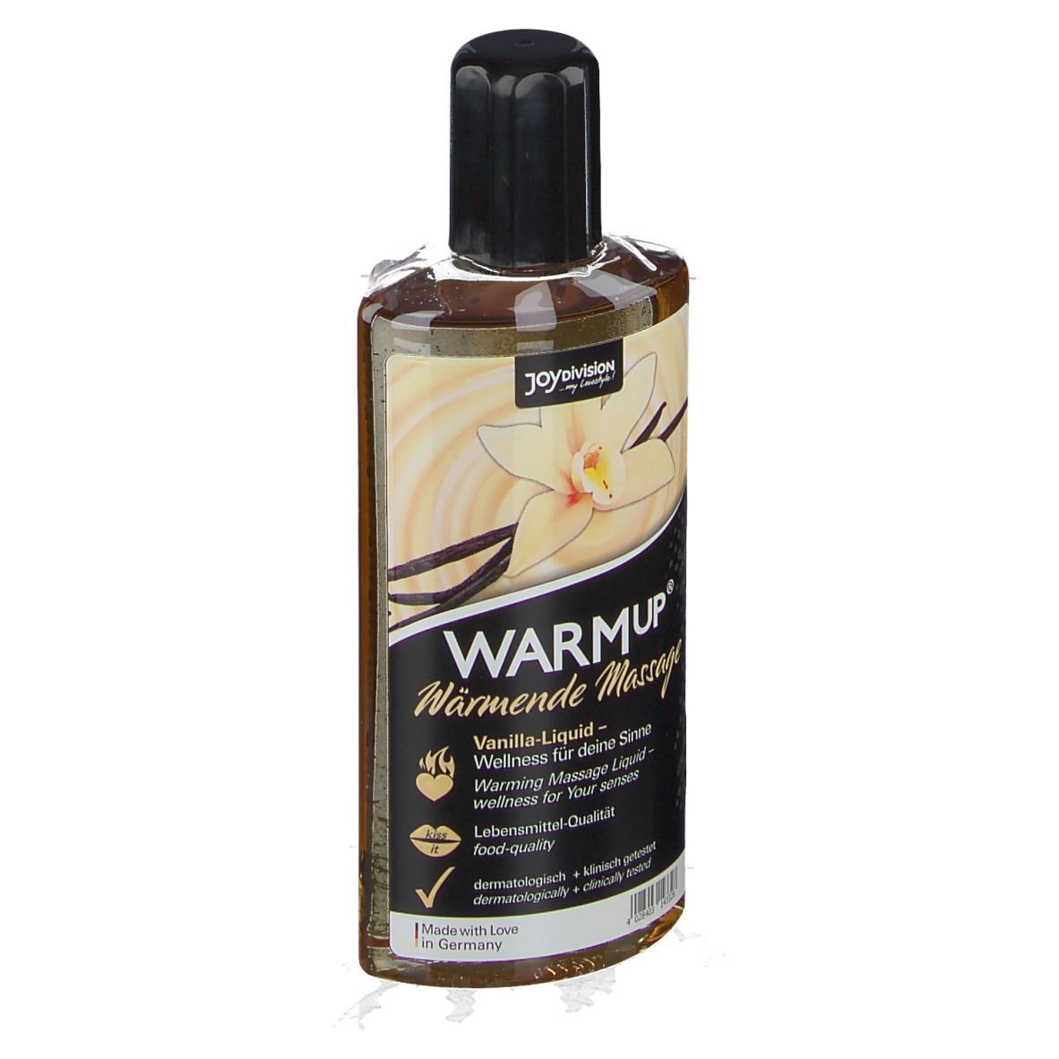 Bouteille WARMUP Vanille Massage-Liquid avec fleur et gousses de vanille.