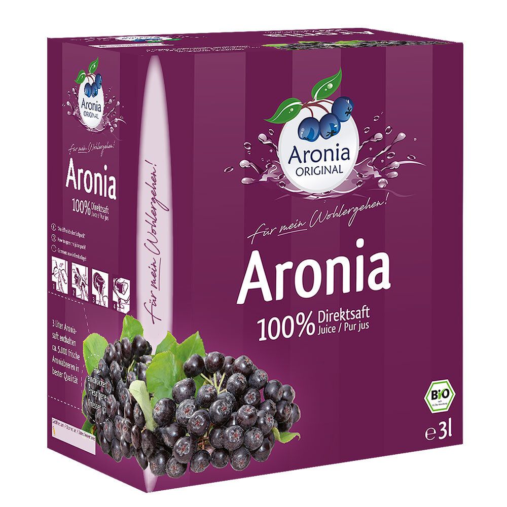 Aronia ORIGINAL Jus Aronia 3L Box avec baies d'aronia et sceau bio.