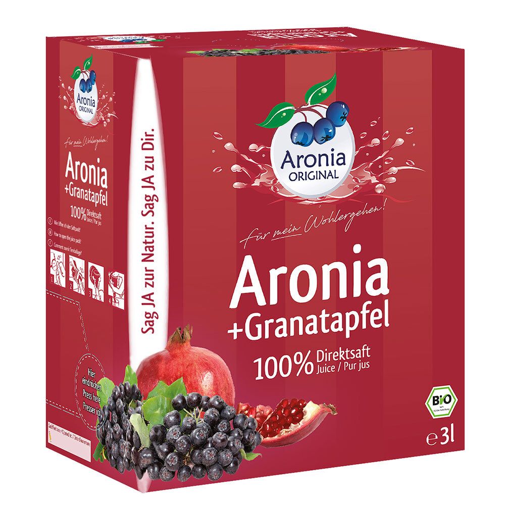 Jus Aronia ORIGINAL Bio Aronia + Grenade 3l, carton avec baies d'aronia et grenade.