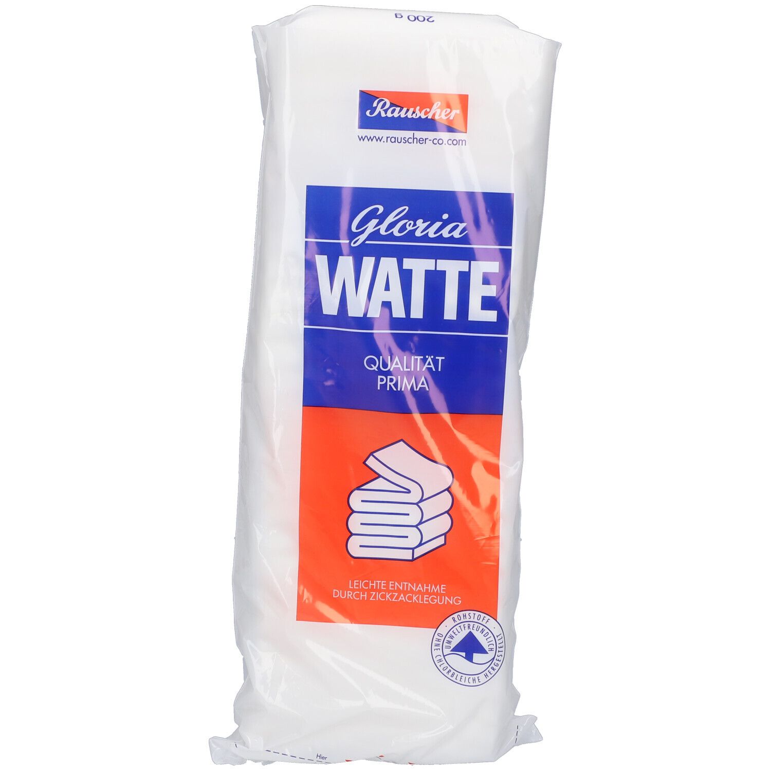 Emballage de Gloria Watte. Produit blanc dans un film transparent. Étiquettes bleues et orange avec nom et logo du produit.