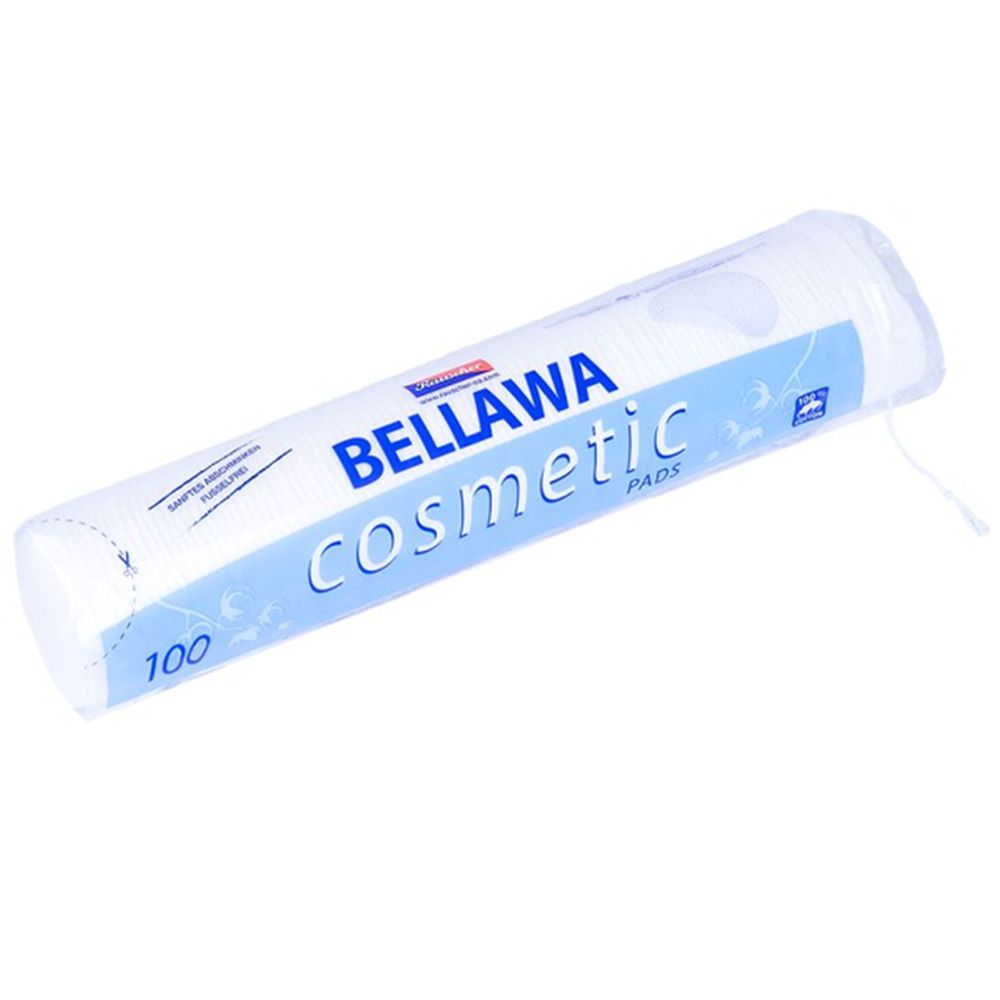 BELLAWA Cosmetic Pads dans un emballage transparent. Rouleau de 100 pads. Emballage bleu et blanc avec nom du produit.