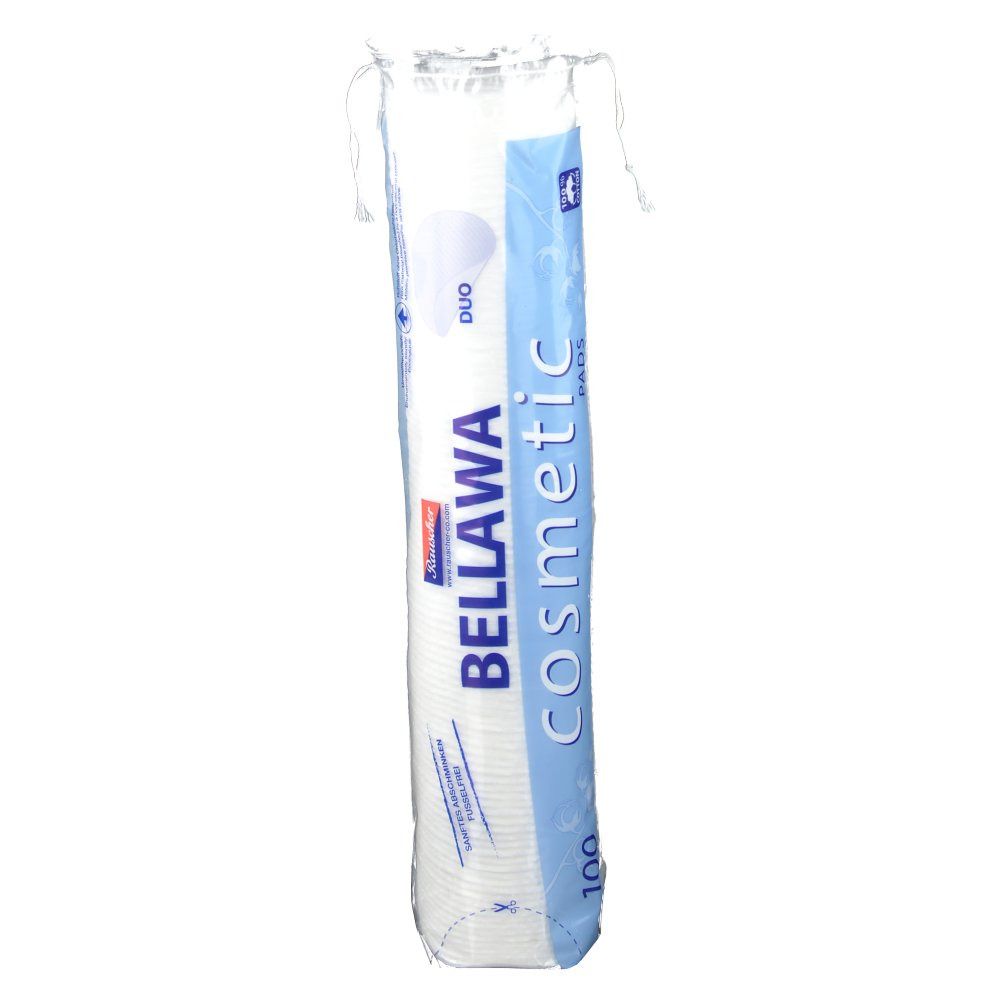 BELLAWA Cosmetic Pads en sachet transparent. Sachet de 100 pads. Emballage bleu et blanc avec nom du produit.